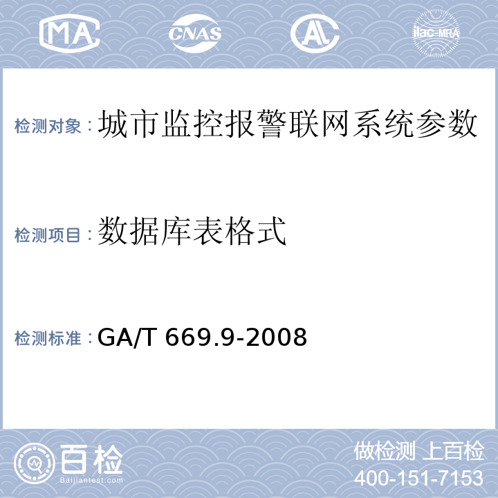 數(shù)據(jù)庫表格式 城市監(jiān)控報警聯(lián)網(wǎng)系統(tǒng) 技術(shù)標(biāo)準(zhǔn) 第9部分：卡口信息識別、比對、監(jiān)測系統(tǒng)技術(shù)要求 GA/T 669.9-2008