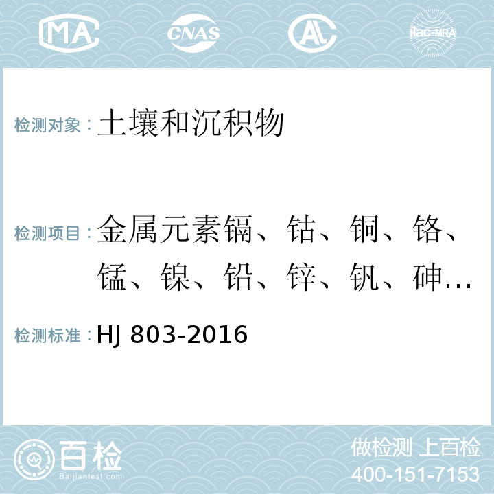 金属元素镉、钴、铜、铬、锰、镍、铅、锌、钒、砷、钼、锑） 土壤和沉积物 12 种金属元素的测定王水提取-电感耦合等离子体质谱法 HJ 803-2016