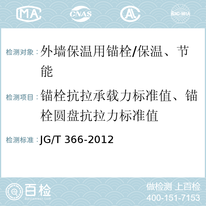 锚栓抗拉承载力标准值、锚栓圆盘抗拉力标准值 外墙保温用锚栓 /JG/T 366-2012