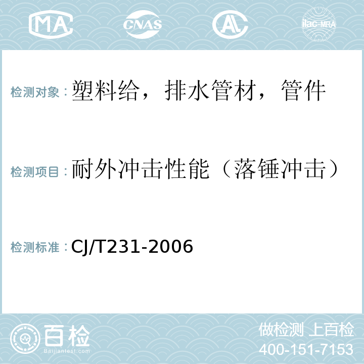 耐外冲击性能（落锤冲击） 排水用硬聚氯乙烯（PVC-U）玻璃微珠复合管材 CJ/T231-2006