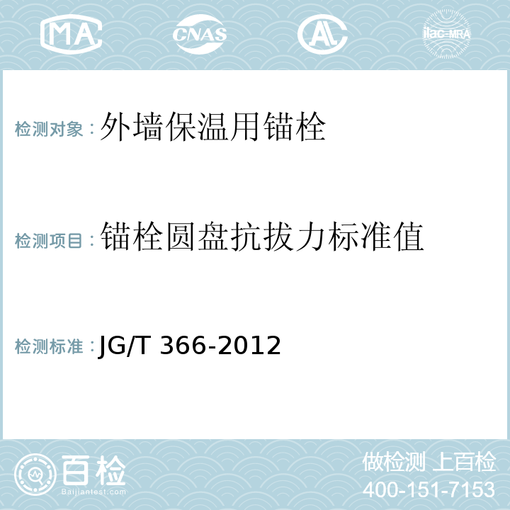 锚栓圆盘抗拔力标准值 外墙保温用锚栓 JG/T 366-2012（附录D）