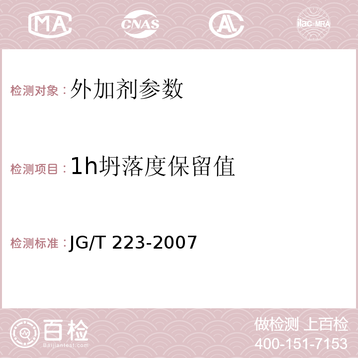 1h坍落度保留值 聚羧酸系高性能减水剂 JG/T 223-2007