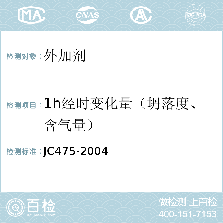 1h经时变化量（坍落度、含气量） 混凝土防冻剂 JC475-2004