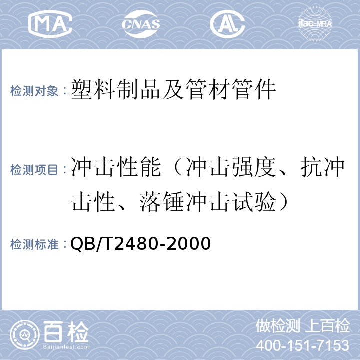 冲击性能（冲击强度、抗冲击性、落锤冲击试验） 建筑用硬聚氯乙烯(PVC-U)雨落水管材及管件 QB/T2480-2000