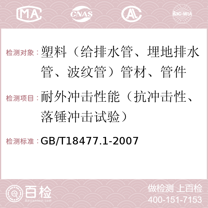 耐外冲击性能（抗冲击性、落锤冲击试验） 埋地排水用硬聚氯乙烯(PVC-U)结构壁管道系统第1部分：双壁波纹管材 GB/T18477.1-2007