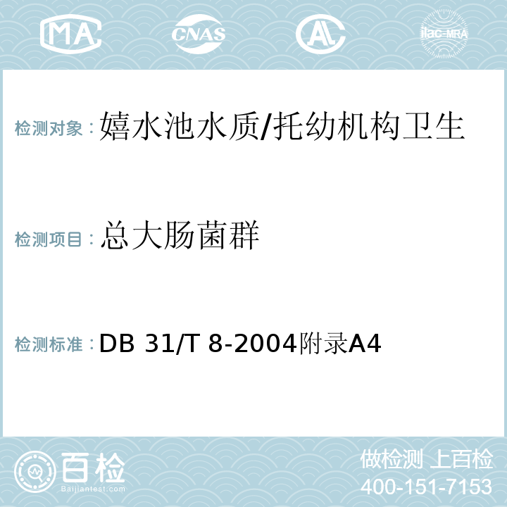 总大肠菌群 DB31/T 8-2004 托幼机构环境、空气、物体表面卫生要求及检测方法