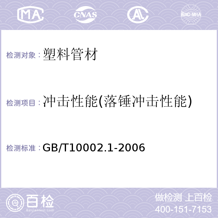 冲击性能(落锤冲击性能) 给水用硬聚氯乙烯（PVC-U）管材GB/T10002.1-2006