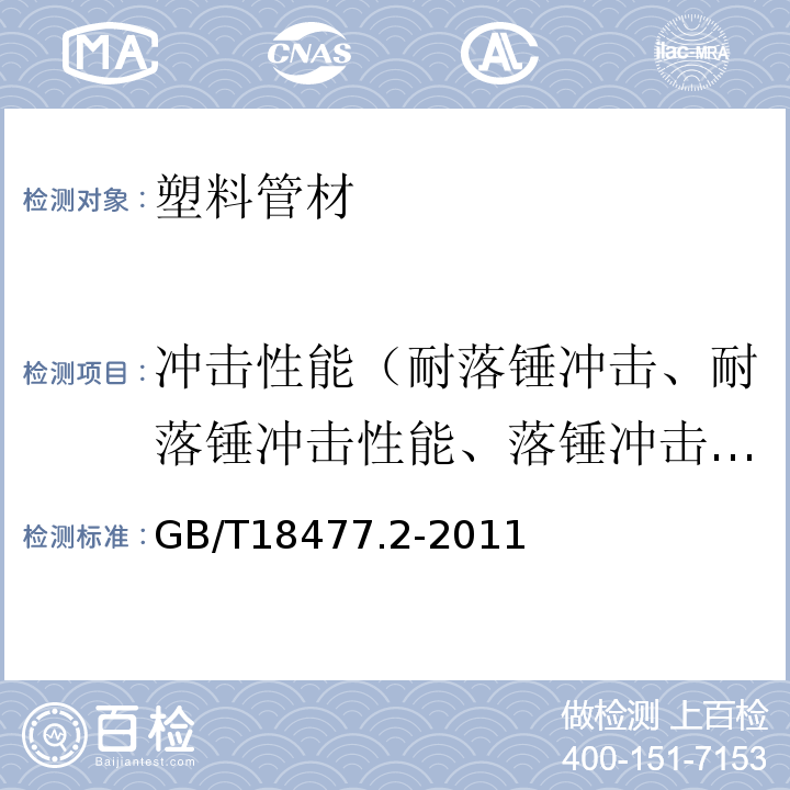 沖擊性能（耐落錘沖擊、耐落錘沖擊性能、落錘沖擊試驗、落錘沖擊、抗沖擊強度試驗） 埋地排水用硬聚氯乙烯(PVC-U)結構壁管道系統 第2部分 加筋管材 GB/T18477.2-2011