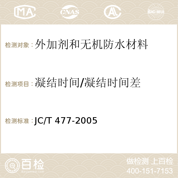 凝结时间/凝结时间差 喷射混凝土用速凝剂JC/T 477-2005