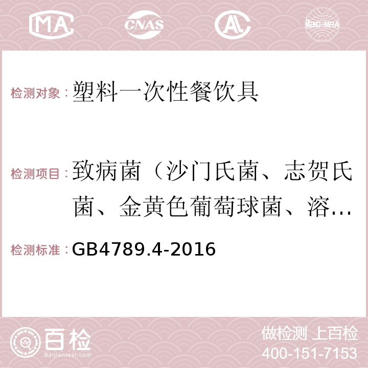 致病菌（沙门氏菌、志贺氏菌、金黄色葡萄球菌、溶血性链球菌） 食品安全国家标准 食品微生物学检验 沙门氏菌检验GB4789.4-2016