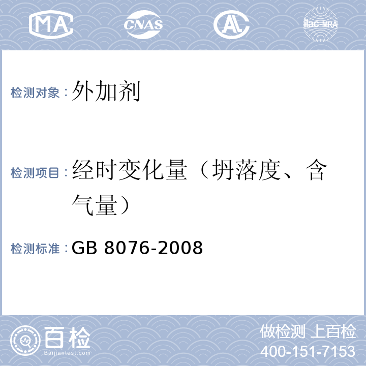 经时变化量
（坍落度、含气量） 混凝土外加剂 GB 8076-2008第6.5.1条、第6.5.4条