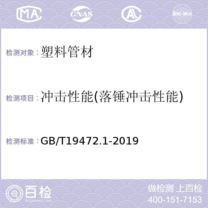 冲击性能(落锤冲击性能) 埋地用聚乙烯(PE)结构壁管道系统 第1 部分：聚乙烯双壁波纹管材GB/T19472.1-2019