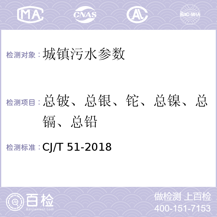 总铍、总银、铊、总镍、总镉、总铅 城镇污水水质标准检验方法 CJ/T 51-2018（58 总铍、总银、铊、总镍、总镉、总铅的测定 电感耦合等离子体质谱法）