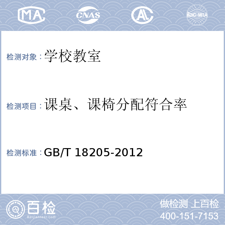 课桌、课椅分配符合率 GB/T 18205-2012 学校卫生综合评价