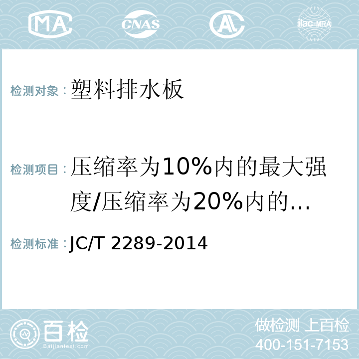 压缩率为10%内的最大强度/压缩率为20%内的最大强度/极限压缩现象 JC/T 2289-2014 聚苯乙烯防护排水板