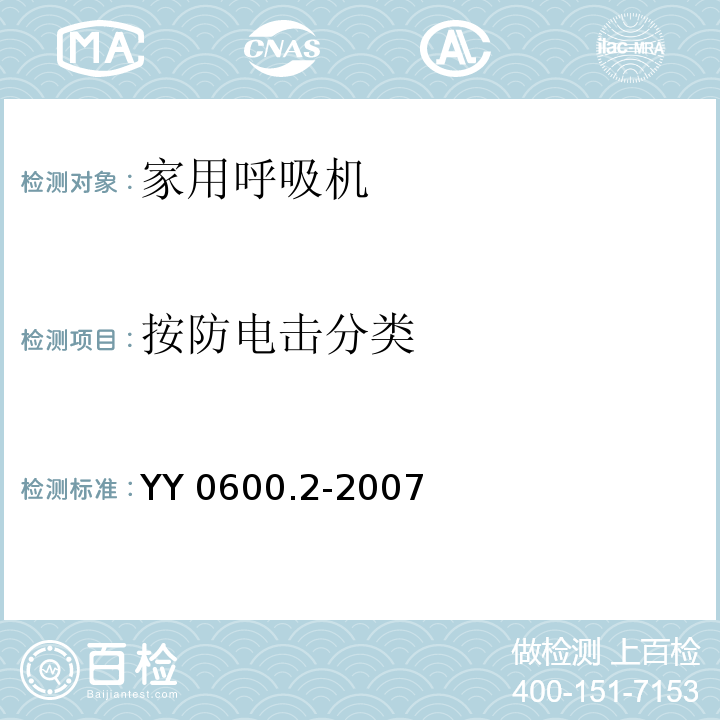 按防电击分类 YY 0600.2-2007 医用呼吸机基本安全和主要性能专用要求 第2部分:依赖呼吸机患者使用的家用呼吸机