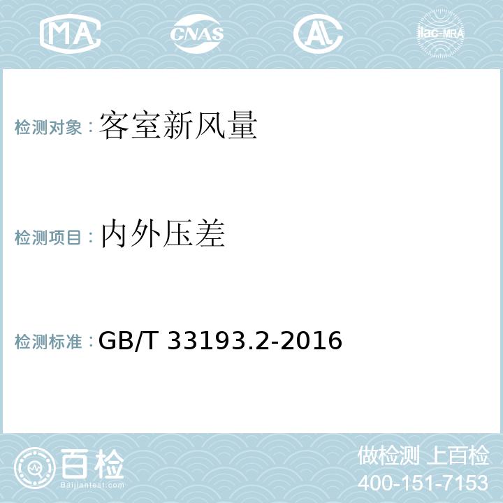 内外压差 GB/T 33193.2-2016 铁道车辆空调 第2部分:型式试验