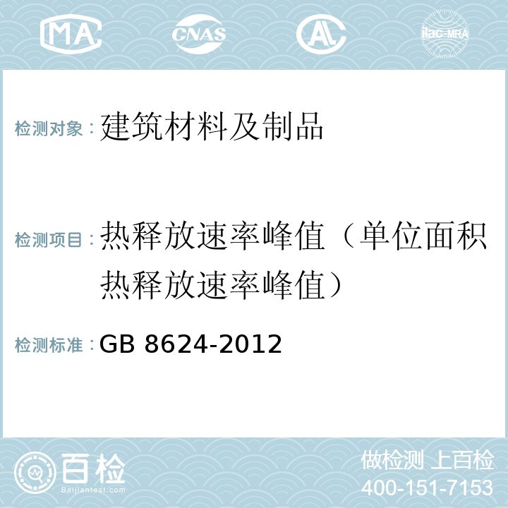 热释放速率峰值（单位面积热释放速率峰值） 建筑材料及制品燃烧性能分级 GB 8624-2012