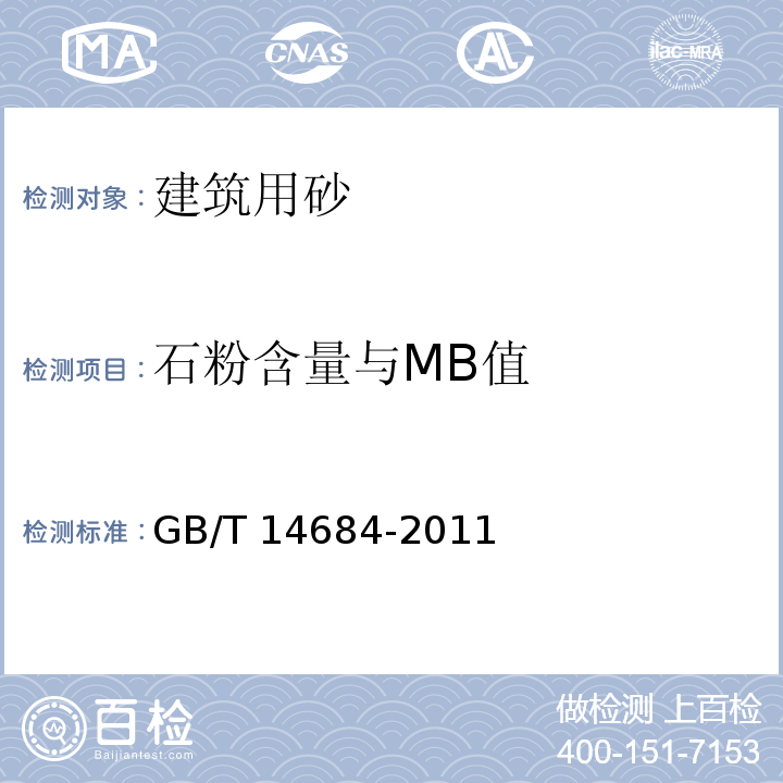 石粉含量与
MB值 建设用砂GB/T 14684-2011（7.5）