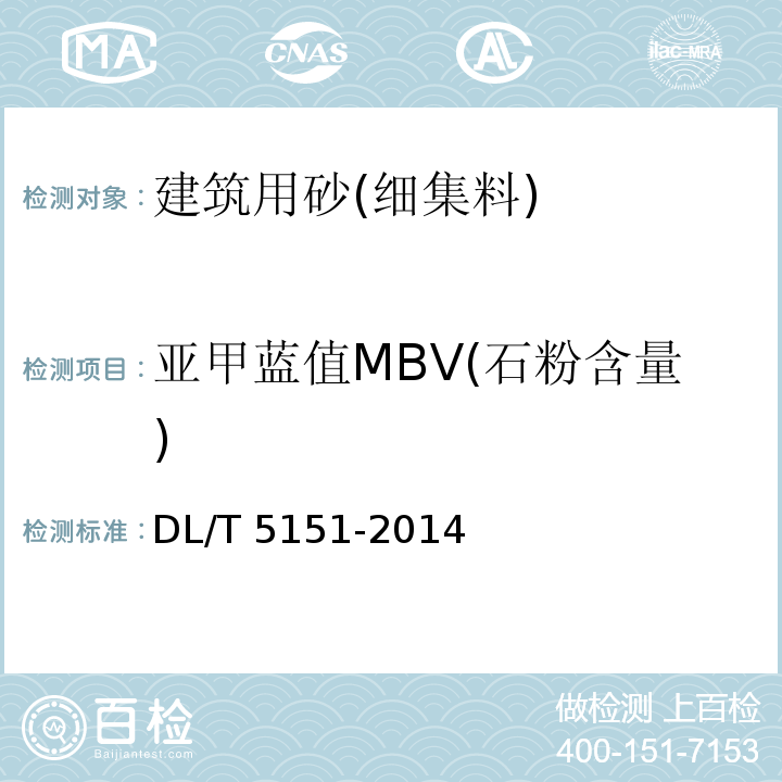 亚甲蓝值MBV(石粉含量) 水工混凝土砂石骨料试验规程 DL/T 5151-2014