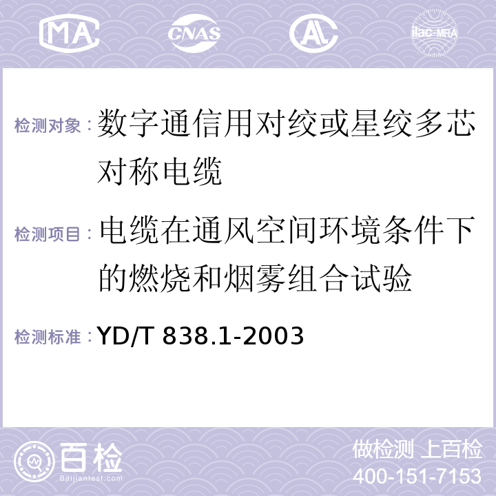 电缆在通风空间环境条件下的燃烧和烟雾组合试验 数字通信用对绞或星绞多芯对称电缆 第1部分：总规范YD/T 838.1-2003