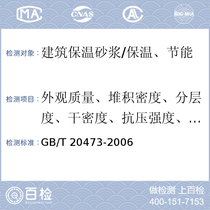 外观质量、堆积密度、分层度、干密度、抗压强度、导热系数 GB/T 20473-2006 建筑保温砂浆