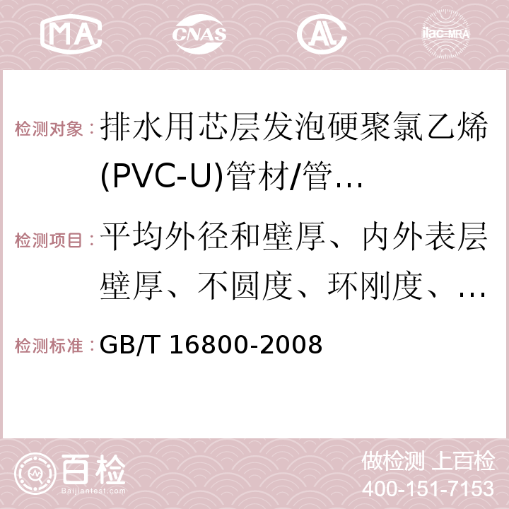 平均外径和壁厚、内外表层壁厚、不圆度、环刚度、表观密度、扁平试验、落锤冲击试验TIR、二氯甲烷浸渍 GB/T 16800-2008 排水用芯层发泡硬聚氯乙烯(PVC-U)管材