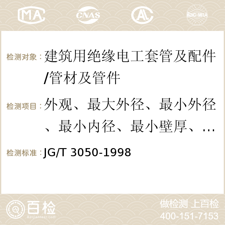 外观、最大外径、最小外径、最小内径、最小壁厚、抗压性能、冲击性能、弯曲性能、弯扁性能、跌落性能、耐热性能、螺纹尺寸 建筑用绝缘电工套管及配件 /JG/T 3050-1998