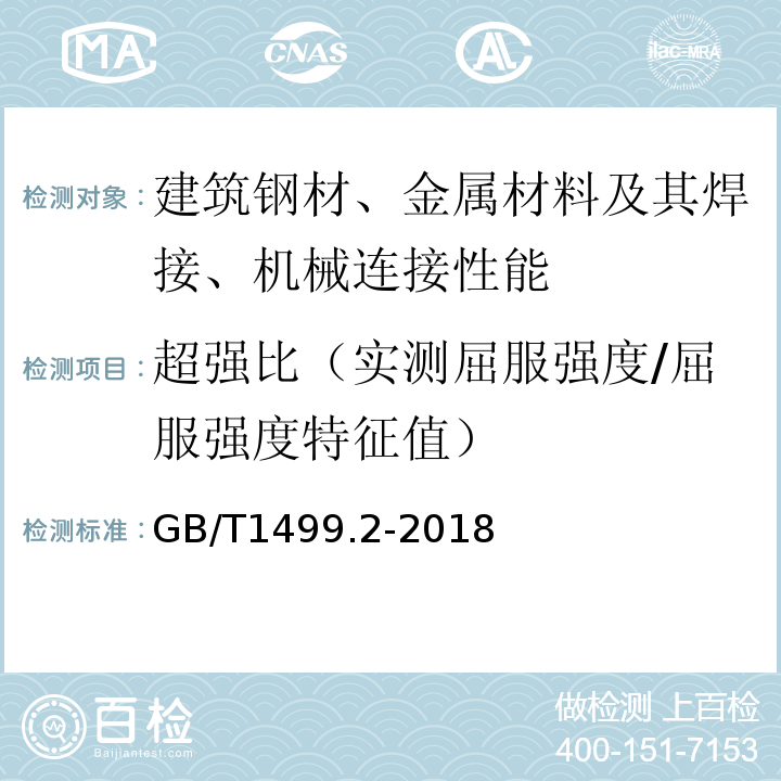 超强比（实测屈服强度/屈服强度特征值） GB/T 1499.2-2018 钢筋混凝土用钢 第2部分：热轧带肋钢筋