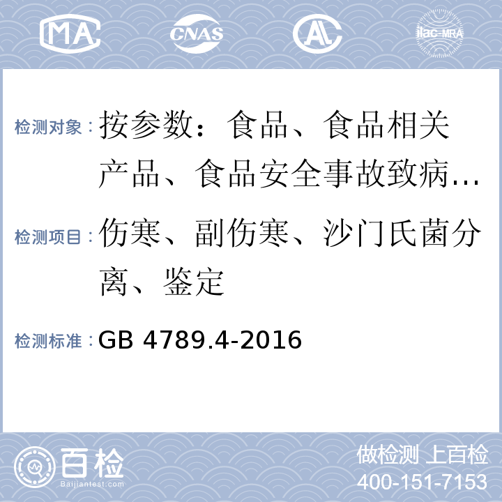 伤寒、副伤寒、沙门氏菌分离、鉴定 食品安全国家标准 食品微生物学检验 沙门氏菌检验GB 4789.4-2016