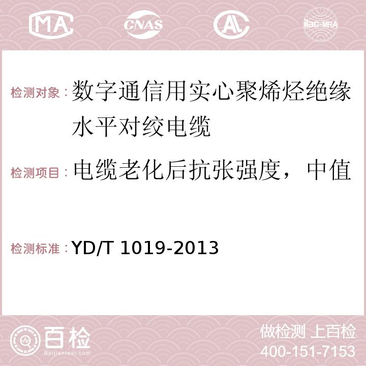 电缆老化后抗张强度，中值 数字通信用实心聚烯烃绝缘水平对绞电缆 YD/T 1019-2013