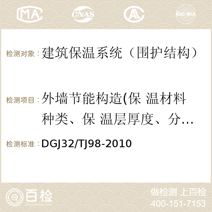 外墙节能构造(保 温材料种类、保 温层厚度、分层 做法) 钻芯法检测建筑外墙外保温构造技术规程 DGJ32/TJ98-2010