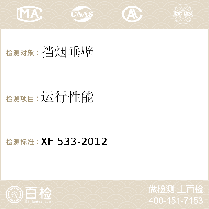 运行性能 挡烟垂壁XF 533-2012