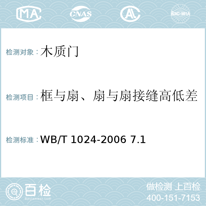 框与扇、扇与扇接缝高低差 T 1024-2006 木质门 WB/ 7.1