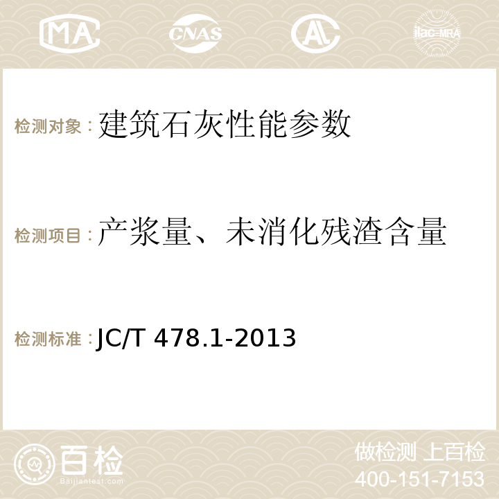 产浆量、未消化残渣含量 建筑石灰试验方法 第1部分 物理试验方法 JC/T 478.1-2013 建筑生石灰 JC/T479－2013 建筑消石灰 JC/T481－2013