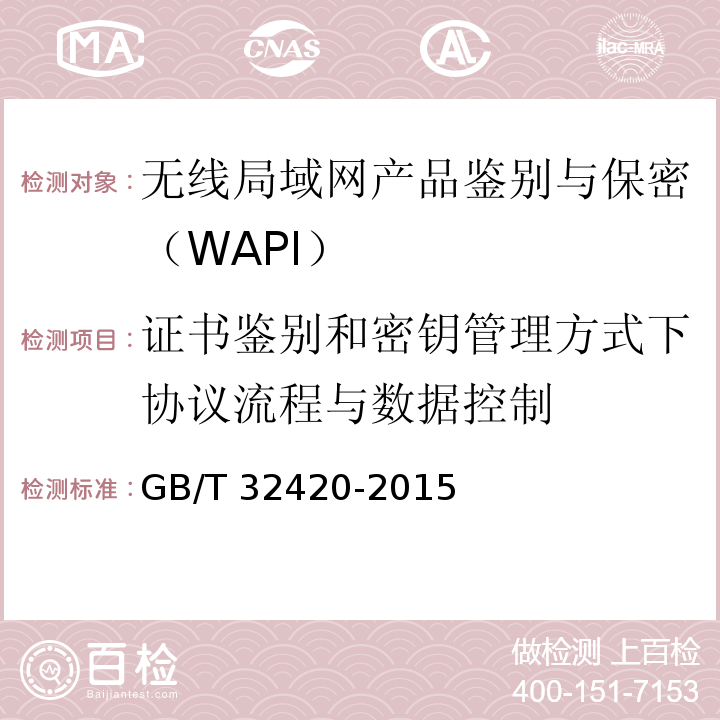 证书鉴别和密钥管理方式下协议流程与数据控制 无线局域网测试规范GB/T 32420-2015（7.1.3.8.4、7.1.3.8.5、7.2.3.8.3、7.2.3.8.4、7.3.3.2）