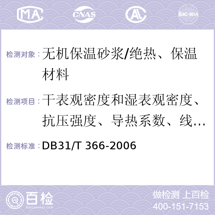 干表观密度和湿表观密度、抗压强度、导热系数、线性收缩率、软化系数、拉伸粘结强度、燃烧性能 DB31/T 366-2006 外墙外保温专用砂浆技术要求