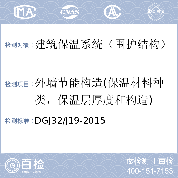 外墙节能构造(保温材料种类，保温层厚度和构造) DGJ32/J19-2015 绿色建筑工程施工质量验收规范 