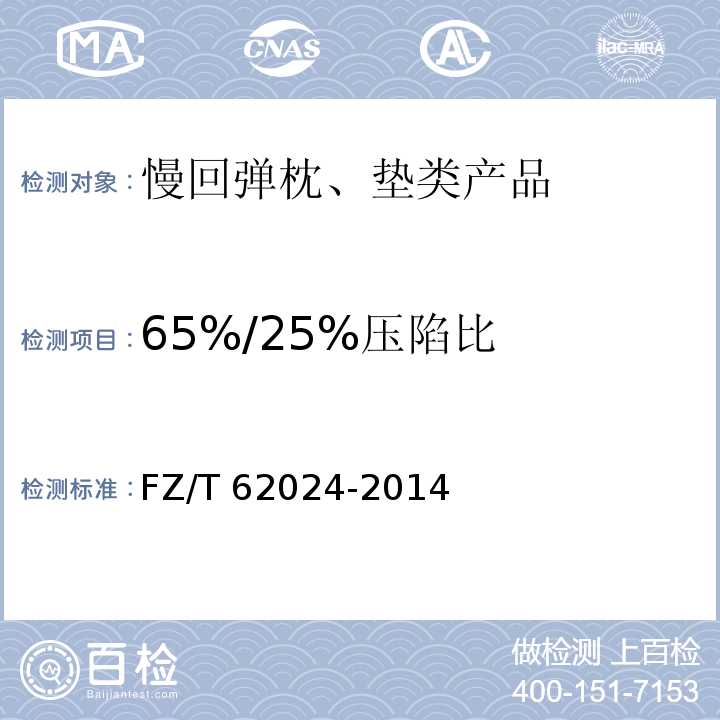 65%/25%压陷比 慢回弹枕、垫类产品FZ/T 62024-2014