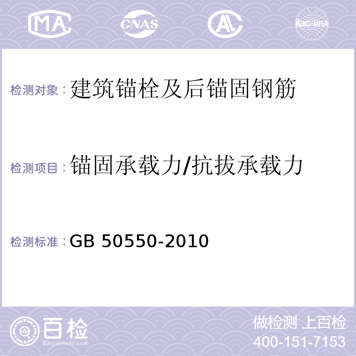 锚固承载力/抗拔承载力 建筑结构加固工程施工质量验收规范GB 50550-2010/附录W