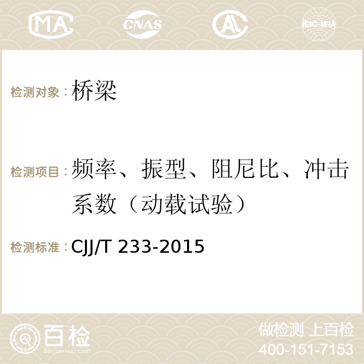 频率、振型、阻尼比、冲击系数（动载试验） 城市桥梁检测与评定技术规范CJJ/T 233-2015