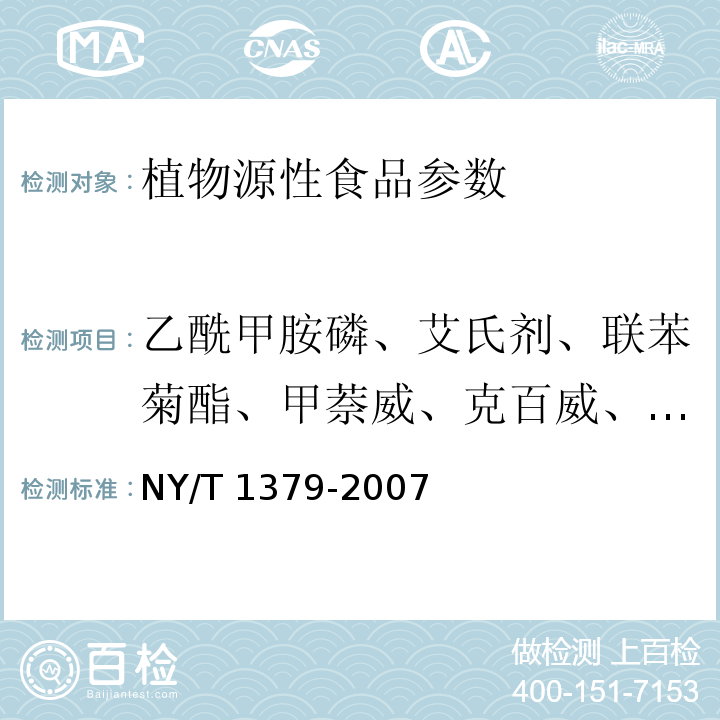 乙酰甲胺磷、艾氏剂、联苯菊酯、甲萘威、克百威、毒死蜱、甲基毒死蜱、氟氯氰菊酯、氯氰菊酯、滴滴涕、敌敌畏、狄试剂、乙霉威、乐果、杀螟硫磷、氟戊菊酯、七氯、甲胺磷、对硫磷、甲基对硫磷、氯菊酯、六六六 蔬菜中334种农药多残留的测定 气相色谱质谱法NY/T 1379-2007