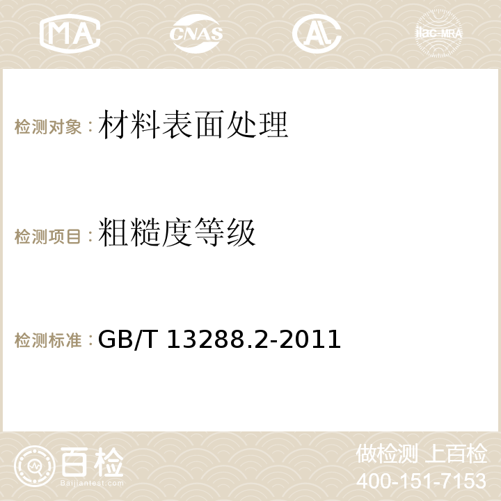 粗糙度等级 涂覆涂料前钢材表面处理 喷射清理后的钢材表面粗糙度特性 第2部分：磨料喷射清理后钢材表面粗糙度等级的测定方法 比较样块法GB/T 13288.2-2011