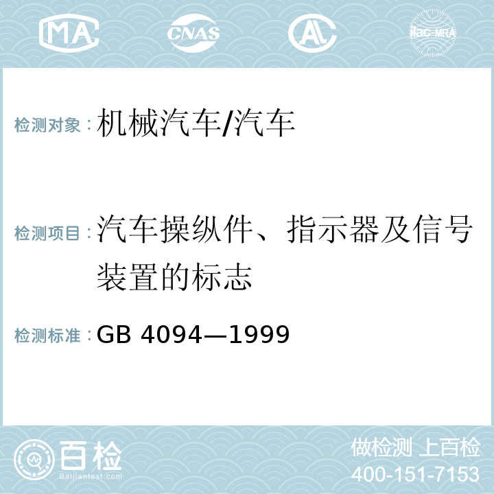 汽车操纵件、指示器及信号装置的标志 GB 4094-1999 汽车操纵件、指示器及信号装置的标志
