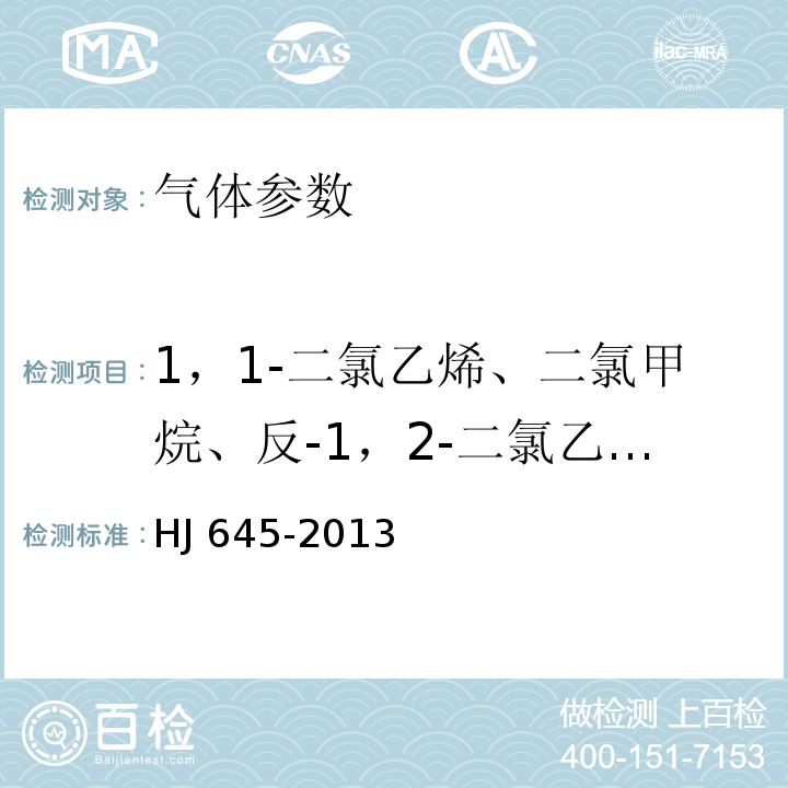 1，1-二氯乙烯、二氯甲烷、反-1，2-二氯乙烯、顺-1，2-二氯乙烯、氯仿、四氯化碳、1，2-二氯乙烷、三氯乙烯、一溴二氯甲烷、四氯乙烯、二溴氯甲烷、溴仿、六氯丁二烯 环境空气 挥发性卤代烃的测定 活性炭吸附-二硫化碳解吸气相色谱法 HJ 645-2013