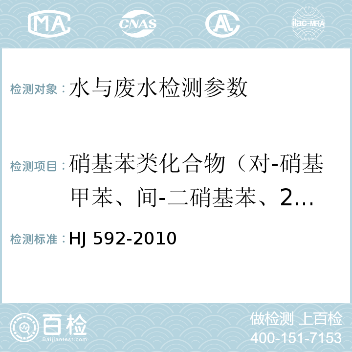 硝基苯类化合物（对-硝基甲苯、间-二硝基苯、2,4-二硝基甲苯、3,4-二硝基甲苯、2,4-二硝基氯苯、对-二硝基苯、2,4,6-三硝基甲苯、对-硝基氯苯、间-硝基甲苯、间-硝基氯苯、邻-二硝基苯、邻-硝基甲苯、邻-硝基氯苯、硝基苯） 水质 硝基苯类化合物的测定 气相色谱法 HJ 592-2010