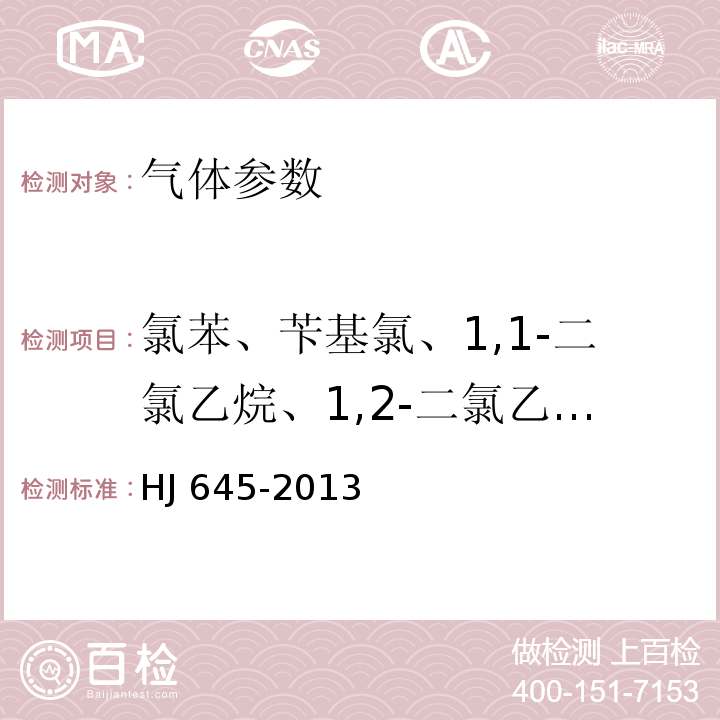 氯苯、苄基氯、1,1-二氯乙烷、1,2-二氯乙烷、反式-1,2-二氯乙烯、顺式-1,2-二氯乙烯、1,2-二氯丙烷、1,2-二氯苯、1,3-二氯苯、1,4-二氯苯、1,1,1-三氯乙烷、1,1,2-三氯乙烷、三氯乙烯、三氯甲烷、三溴甲烷、1-溴-2-氯乙烷、1,2,3-三氯丙烷、1,1,2,2-四氯乙烷、四氯乙烯、四氯化碳、六氯乙烷 环境空气 挥发性卤代烃的测定 活性炭吸附二硫化碳解吸-气相色谱法 HJ 645-2013