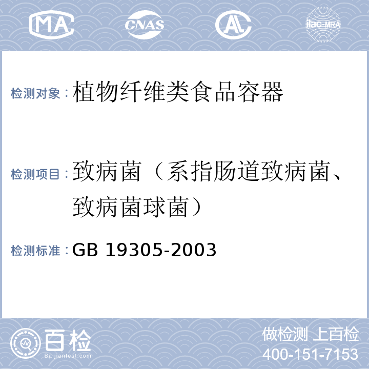 致病菌（系指肠道致病菌、致病菌球菌） GB 19305-2003 植物纤维类食品容器卫生标准