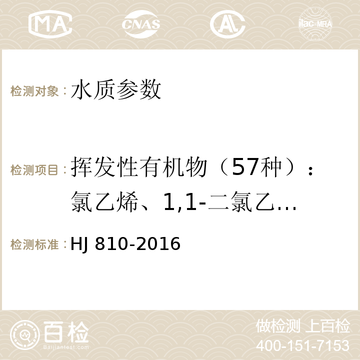 挥发性有机物（57种）：氯乙烯、1,1-二氯乙烯、二氯甲烷、反式-1,2-二氯乙烯、1,1-二氯乙烷、顺式-1,2-二氯乙烯、2,2-二氯乙烷、溴氯甲烷、三氯甲烷（氯仿）、1,1,1-三氯乙烷、1,1-二氯丙烯、四氯化碳、1,2-二氯乙烷、苯、氟苯、三氯乙烯、1,2-二氯丙烷、二溴甲烷、一溴二氯甲烷、顺-1,3-二氯丙烯、甲苯、反-1,3-二氯丙稀、1,1,2-三氯乙烷、四氯乙烯、1,3-二氯丙烷、二溴一氯甲烷、1,2-二溴乙烷、氯苯、1,1,1,2-四氯乙烷、乙苯、对/间-二甲苯、邻-二甲苯、苯乙烯、三溴甲烷、异丙苯、1,1,2,2-四氯乙烷、溴苯、1,2,3-三氯丙烷、正丙苯、2-氯甲苯、1,3,5-三甲基苯、4-氯甲苯、叔丁基苯、1,2,4-三甲基苯、仲丁基苯、1,3-二氯苯、4-异丙基甲苯、1,4-二氯苯、正丁基苯、1,2-二氯苯-d4、1,2-二氯苯、1,2-二溴-3-氯丙烷、1,2,4-三氯苯、六氯丁二烯、萘、1,2,3-三氯苯 水质 挥发性有机物的测定 顶空／气相色谱-质谱法 HJ 810-2016