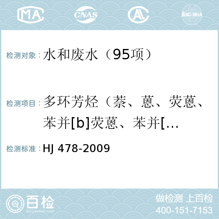 多环芳烃（萘、蒽、荧蒽、苯并[b]荧蒽、苯并[a]芘） 水质 多环芳烃的测定 液液萃取和固相萃取高效液相色谱法 HJ 478-2009